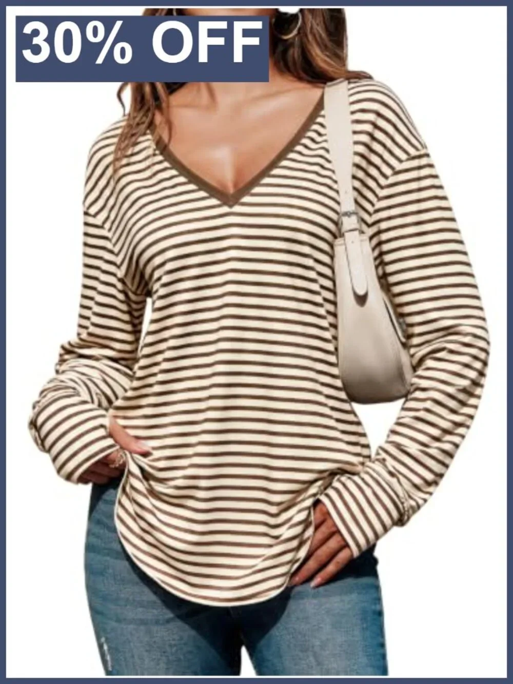 Womens Deep V Neck Long Sleeve Tunic Top Oversized Striped T-Shirt